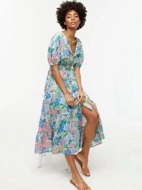 J. Crew Floral Tiered Button-Front Midi Dress in Blue & Pink Fairy Floral